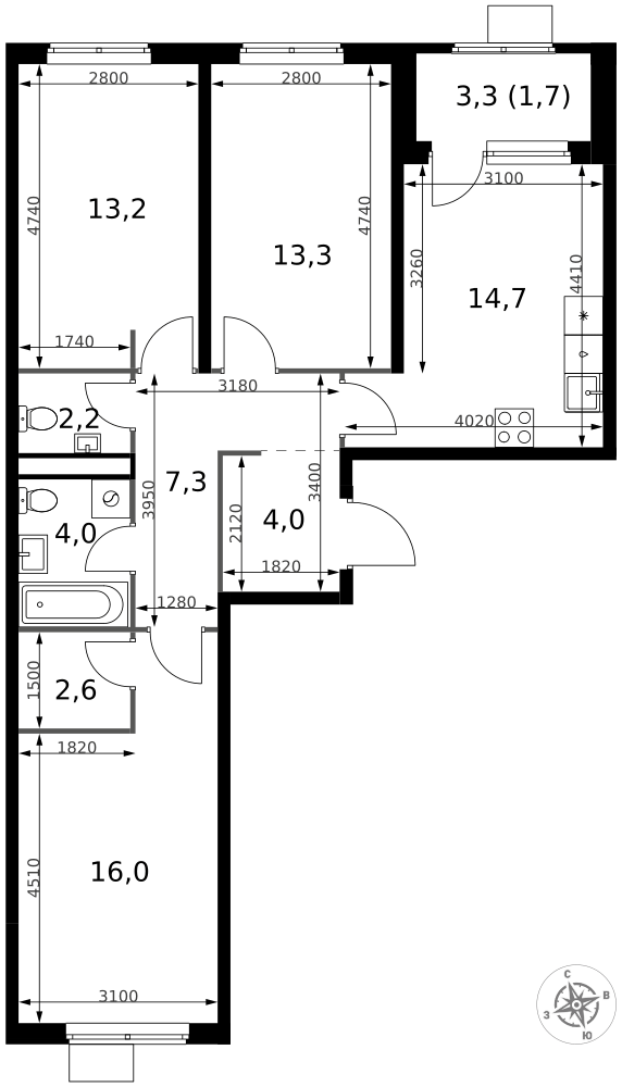 3-комнатная 79 м2 в ЖК 1-й Химкинский корпус null этаж 4