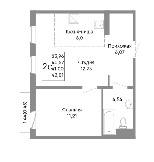 1-комнатная 41 м2 в ЖК undefined корпус null этаж 6