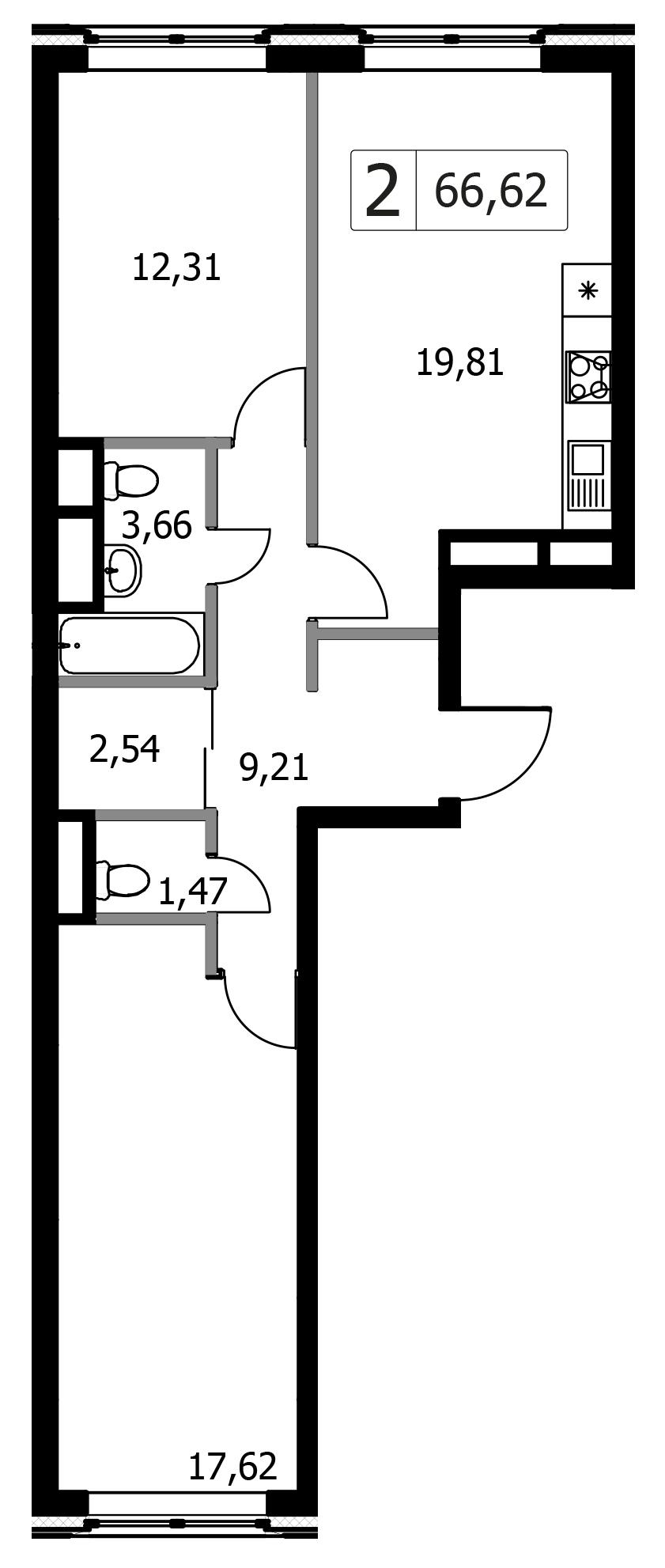2-комнатная 66 м2 в ЖК Городские Истории корпус null этаж 14
