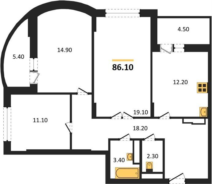 3-комнатная 86.1 м2 в ЖК undefined корпус null этаж 24
