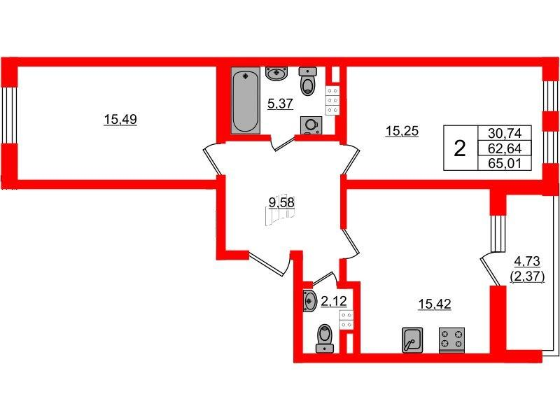2-комнатная 65 м2 в ЖК Золотые купола. Новая История корпус null этаж 4