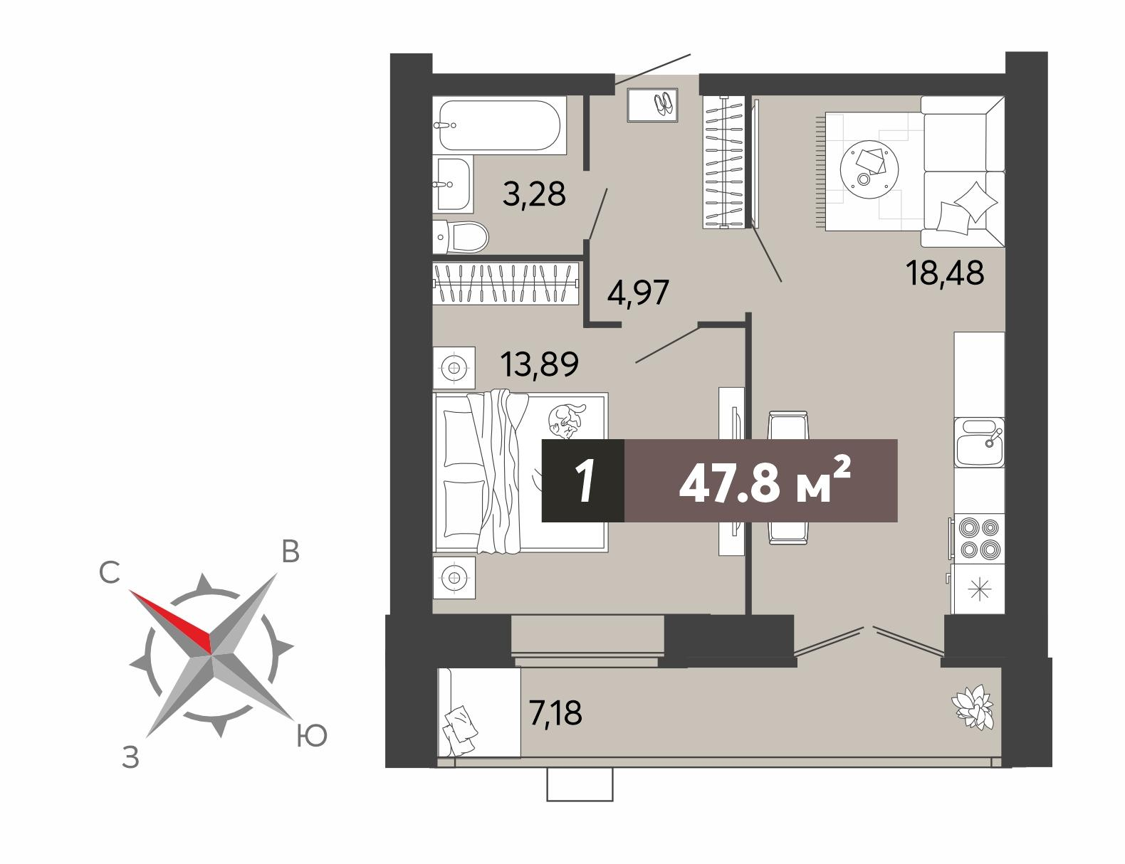 1-комнатная 47 м2 в ЖК 8 марта корпус null этаж 7