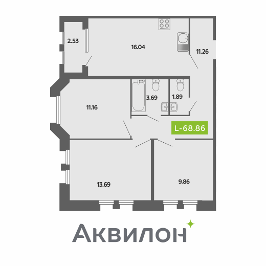 4-комнатная 68.9 м2 в ЖК undefined корпус null этаж 2