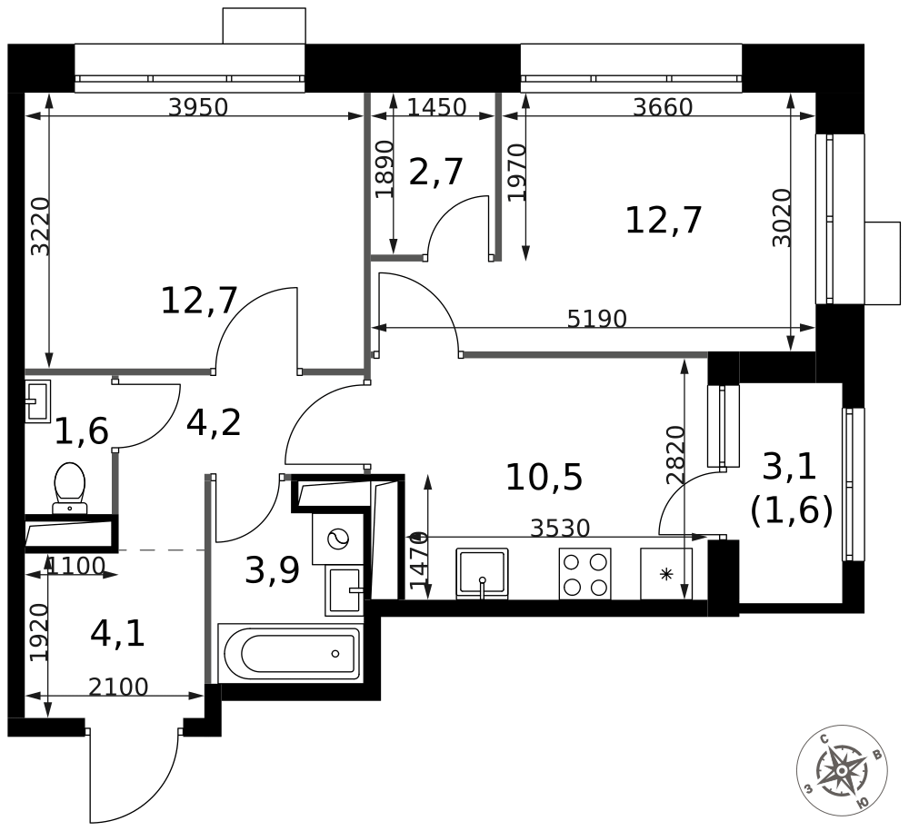 2-комнатная 54 м2 в ЖК 1-й Саларьевский корпус null этаж 7