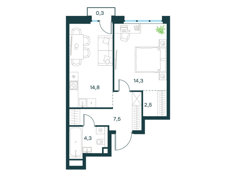 1-комнатная 43 м2 в ЖК Level Селигерская корпус null этаж 3