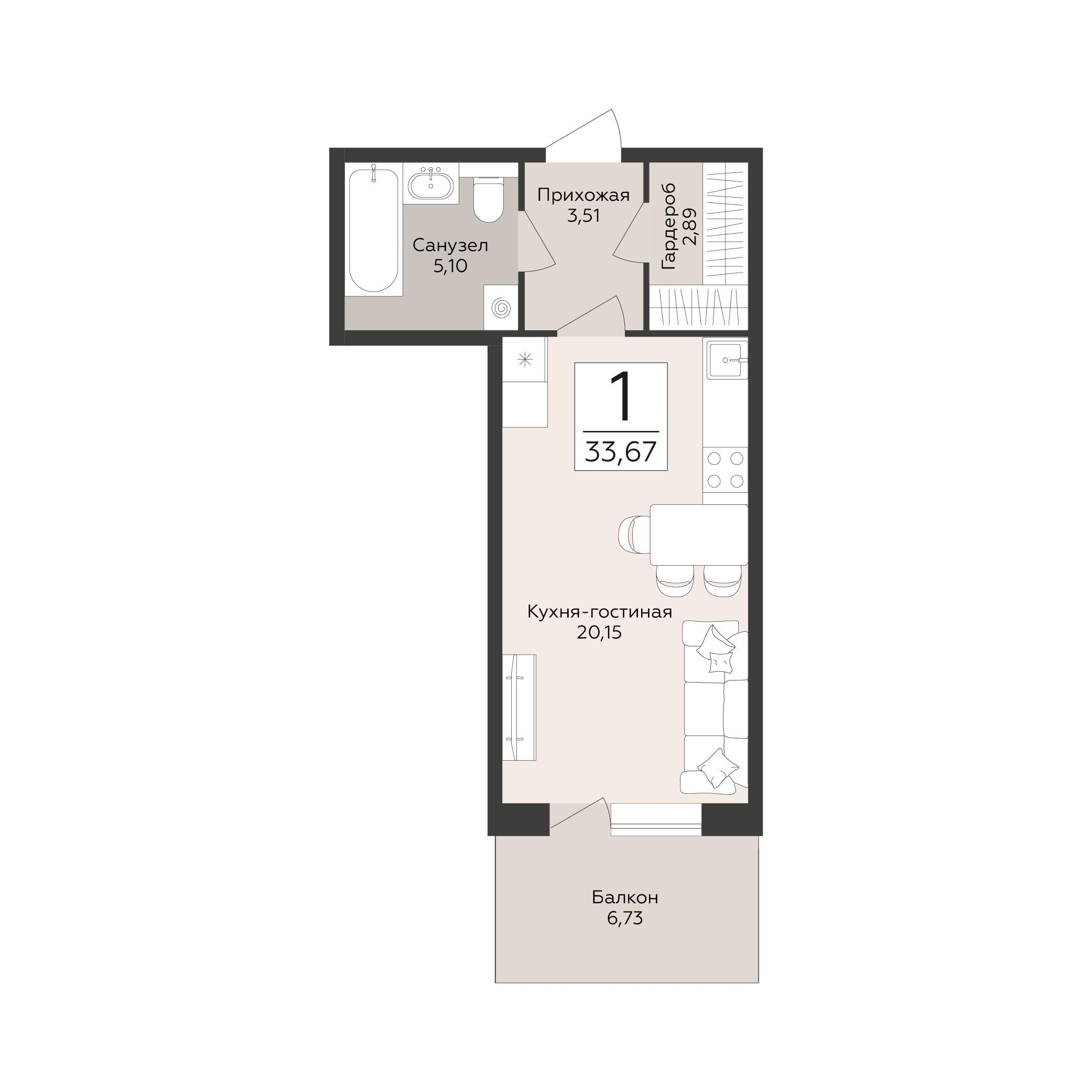 1-комнатная 33 м2 в ЖК Эклипс корпус null этаж 5