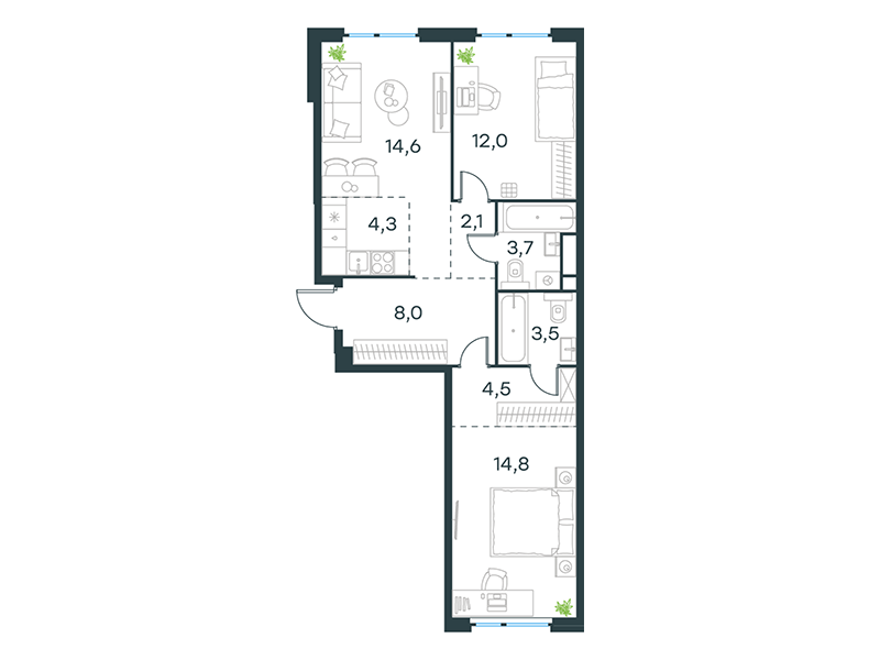 3-комнатная 67 м2 в ЖК Level Мичуринский, этапы 3 и 4 корпус null этаж 17