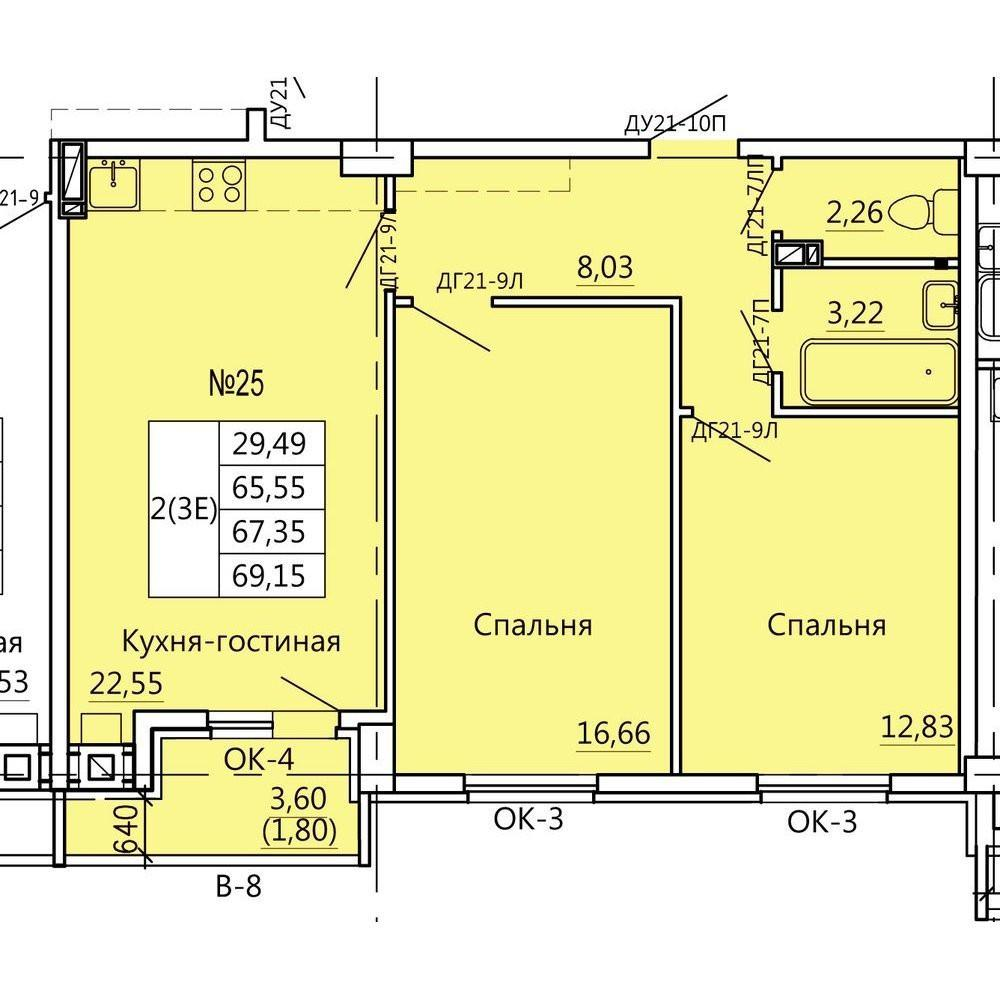 3-комнатная 65.5 м2 в ЖК undefined корпус null этаж 3