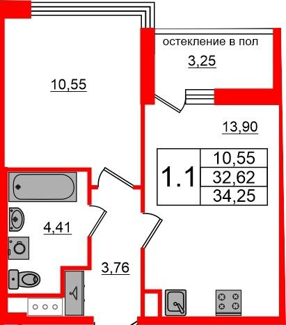 1-комнатная 32 м2 в ЖК Титул в Московском корпус null этаж 11
