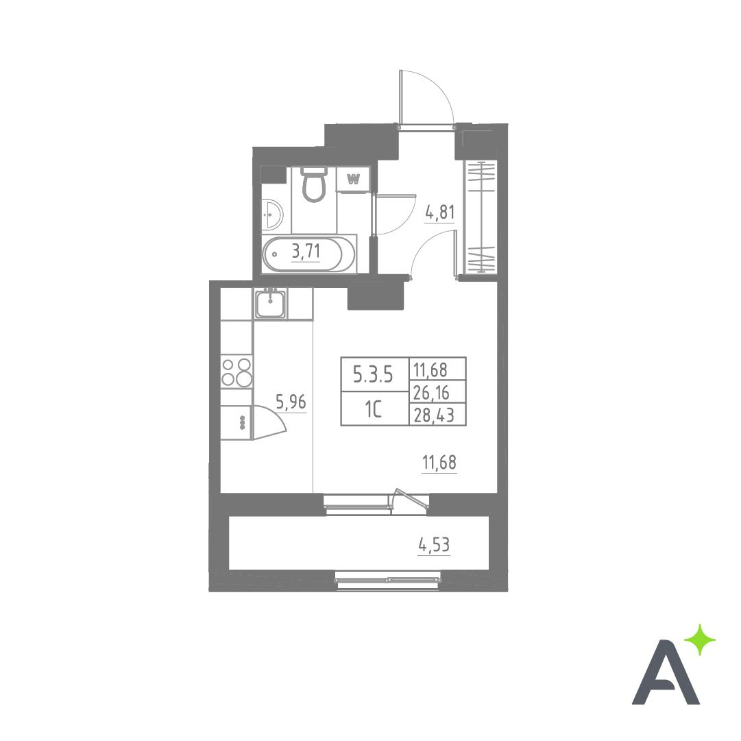 Студия 28 м2 в ЖК Аквилон SOLAR корпус null этаж 3