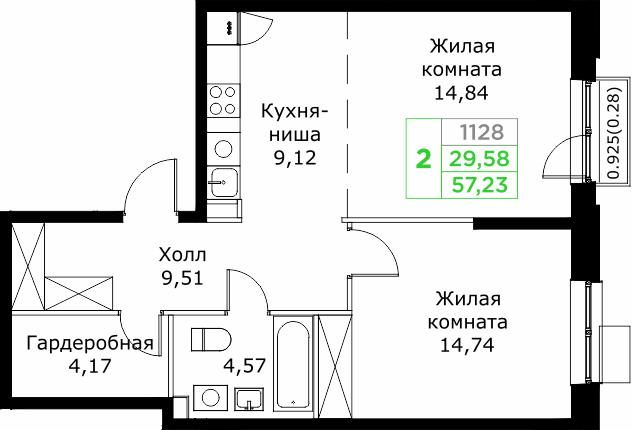2-комнатная 57 м2 в ЖК Кит корпус null этаж 15