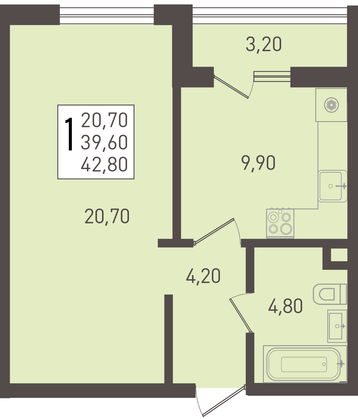 1-комнатная 42 м2 в ЖК Югге корпус null этаж 1