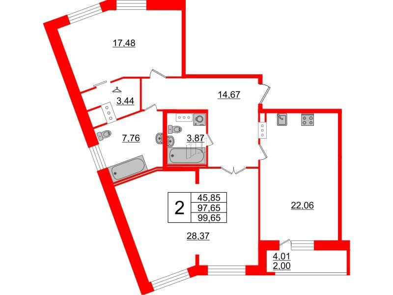 2-комнатная 99 м2 в ЖК Modum корпус null этаж 3