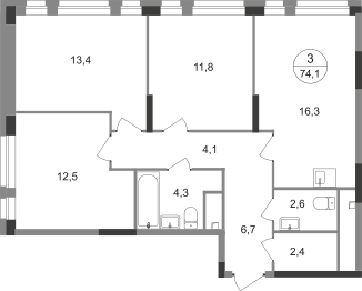 3-комнатная 74 м2 в ЖК Первый Московский корпус null этаж 3