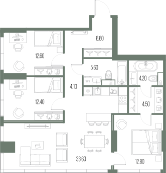 3-комнатная 96 м2 в ЖК Северный порт. Береговые кварталы корпус null этаж 4