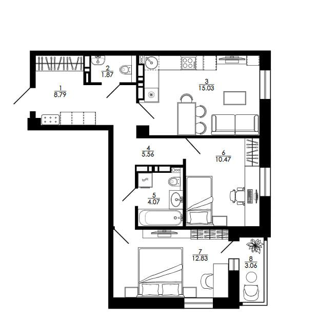 2-комнатная 60.6 м2 в ЖК undefined корпус null этаж 15
