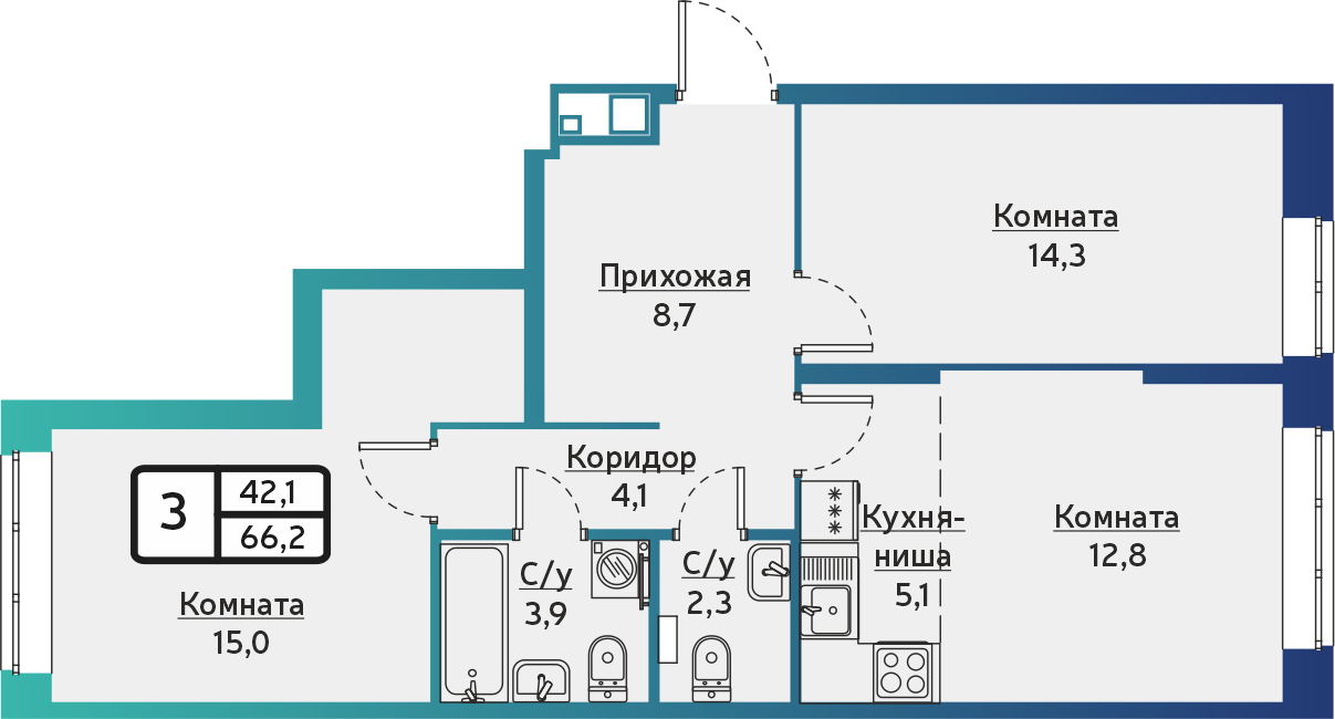 3-комнатная 66 м2 в ЖК ВЕГА-2 корпус null этаж 1