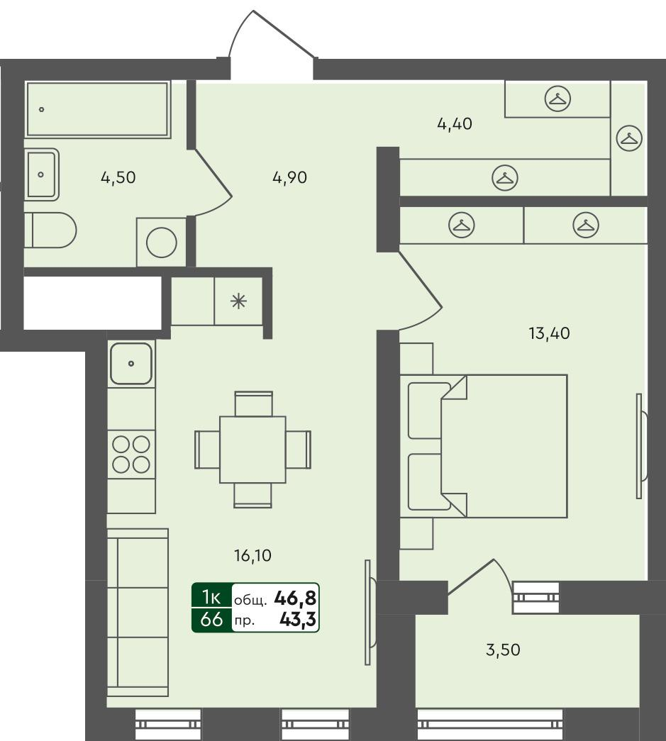 1-комнатная 46 м2 в ЖК Ритмы корпус null этаж 3