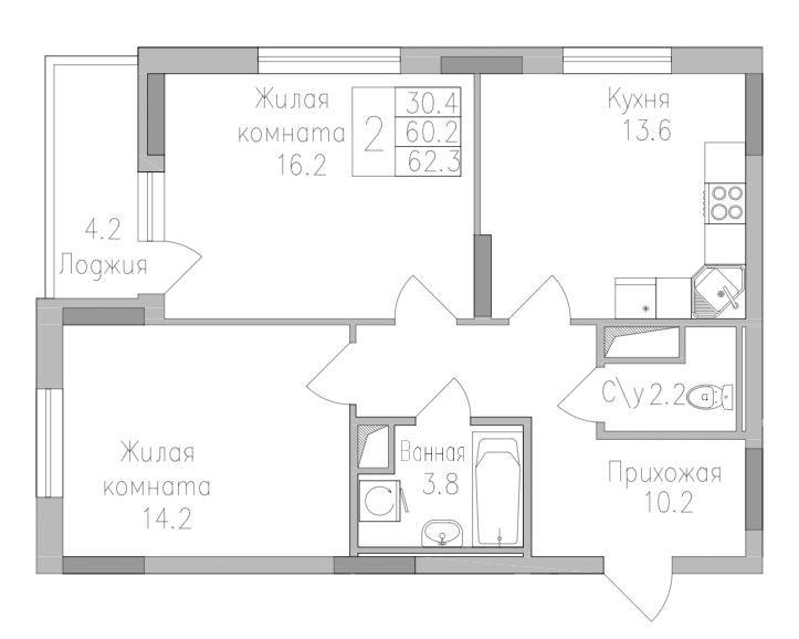 2-комнатная 62.2 м2 в ЖК undefined корпус null этаж 14