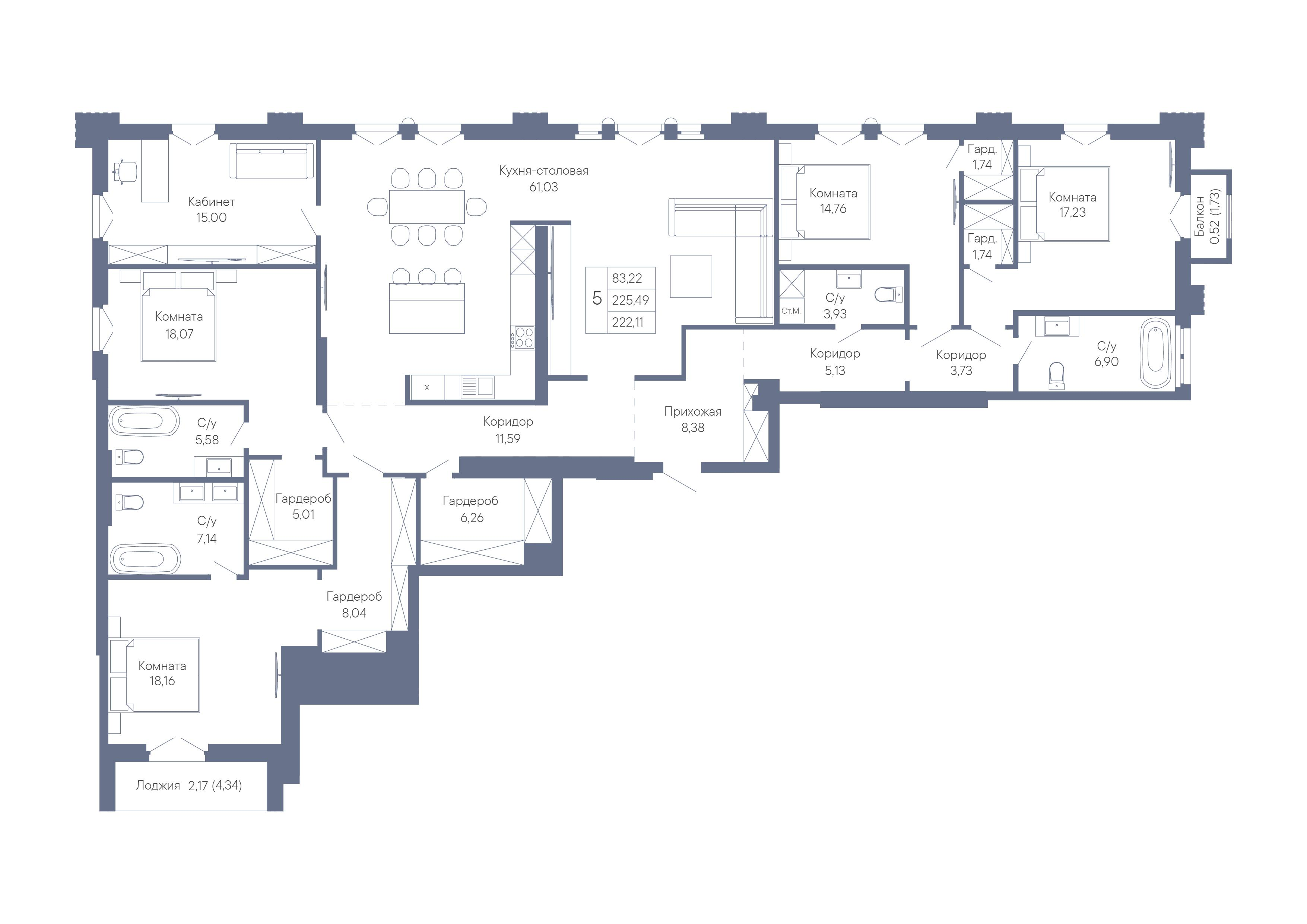 5-комнатная 222 м2 в ЖК Собрание корпус null этаж 4