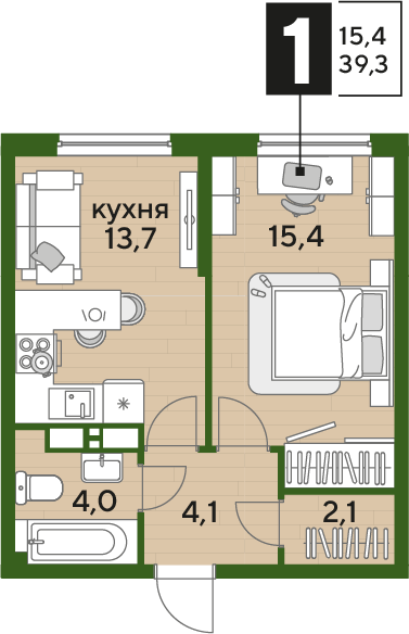 1-комнатная 39 м2 в ЖК Dogma Park корпус null этаж 13