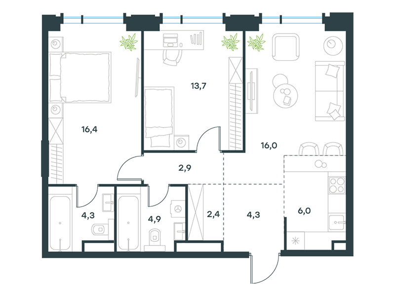 3-комнатная 71 м2 в ЖК Level Академическая корпус null этаж 19