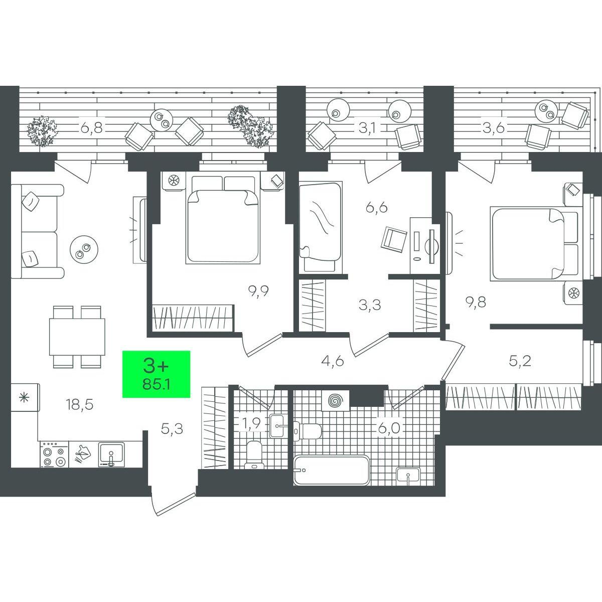 3-комнатная 85 м2 в ЖК Гранд Квартал корпус null этаж 7