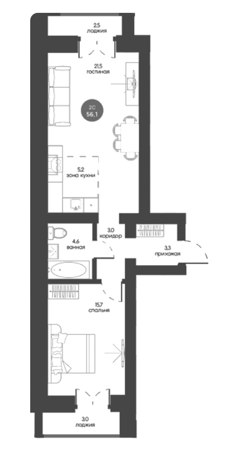 1-комнатная 53.4 м2 в ЖК undefined корпус null этаж 2