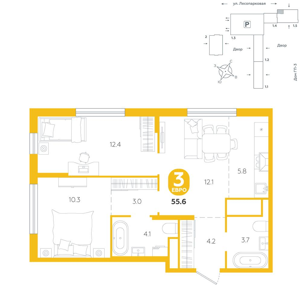 2-комнатная 55 м2 в ЖК Чистые пруды корпус null этаж 24