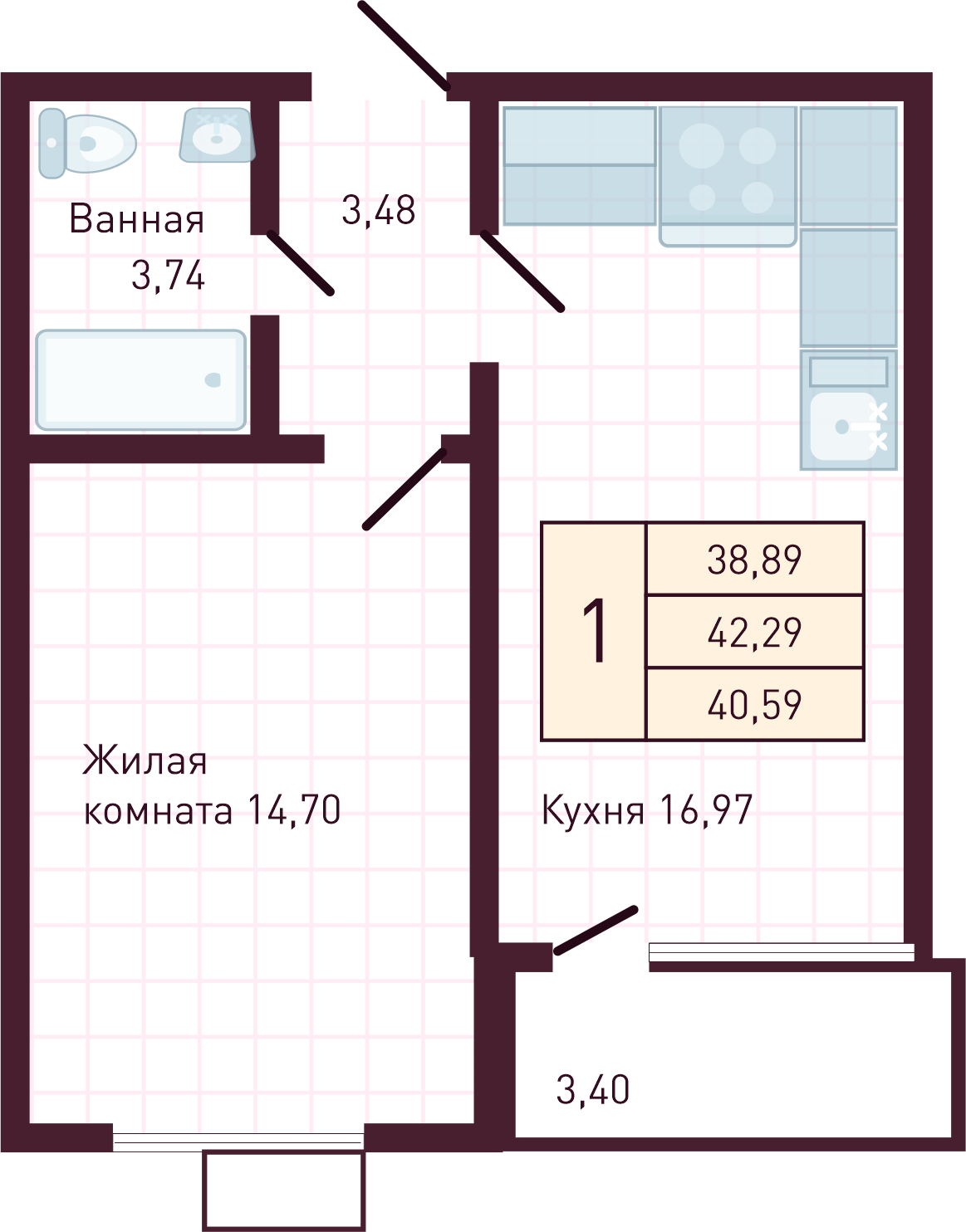 1-комнатная 40 м2 в ЖК Бетховен корпус null этаж 11