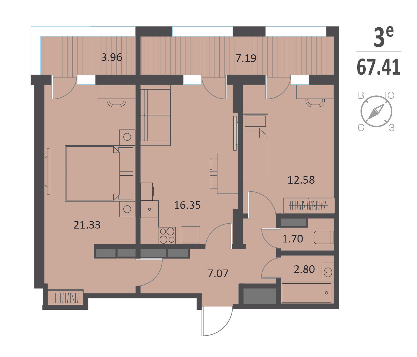 2-комнатная 67 м2 в ЖК Инстеп.Хуторская корпус null этаж 16