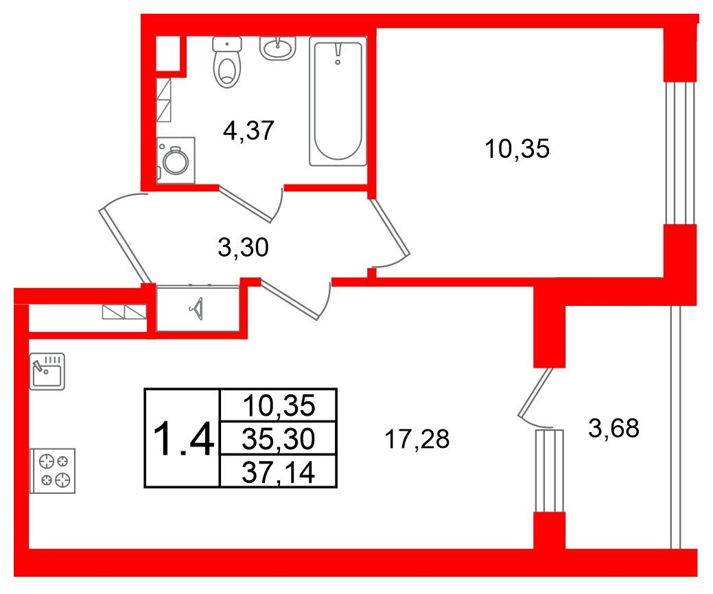 1-комнатная 35 м2 в ЖК Univer City корпус null этаж 3