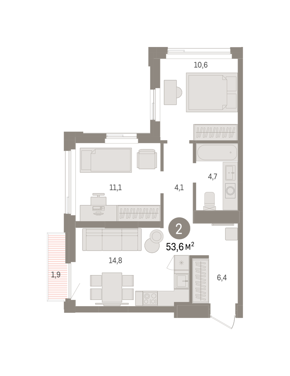 2-комнатная 53 м2 в ЖК Зарека корпус null этаж 20