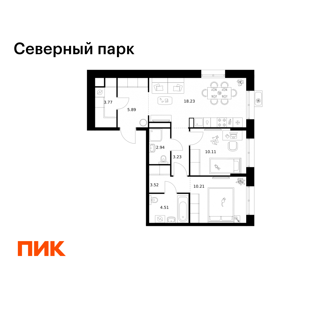 2-комнатная 62 м2 в ЖК Северный парк корпус null этаж 5
