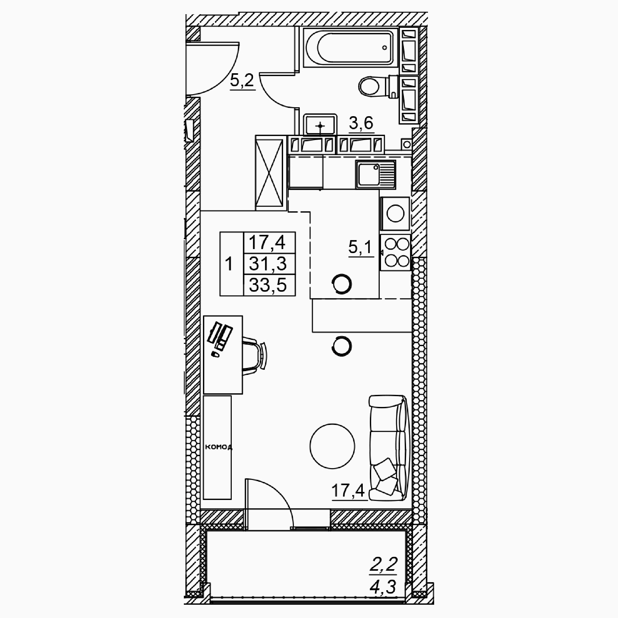 1-комнатная 33 м2 в ЖК Засекин корпус null этаж 13