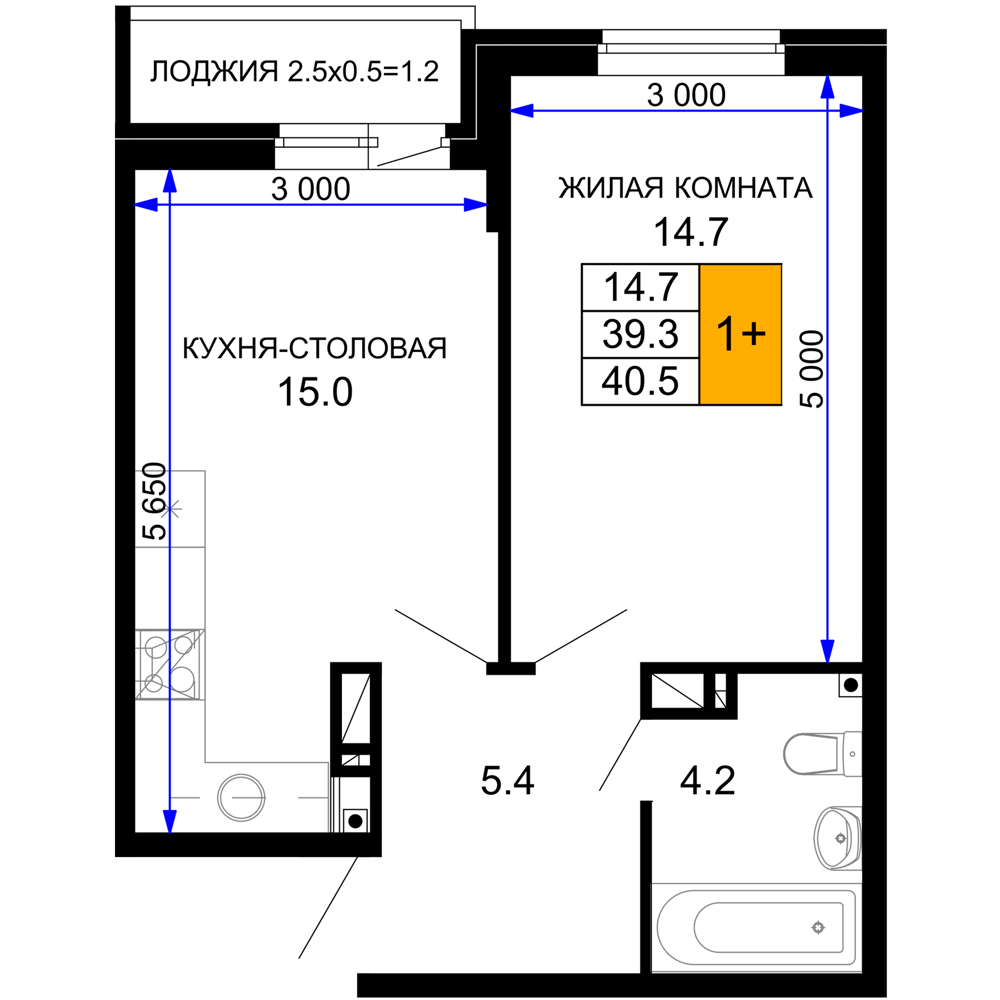 1-комнатная 40 м2 в ЖК Дыхание корпус null этаж 10