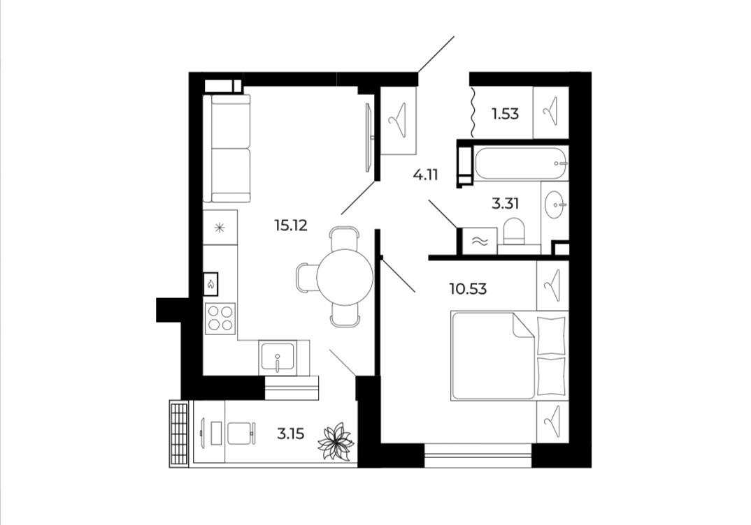 1-комнатная 38.3 м2 в ЖК undefined корпус null этаж 7