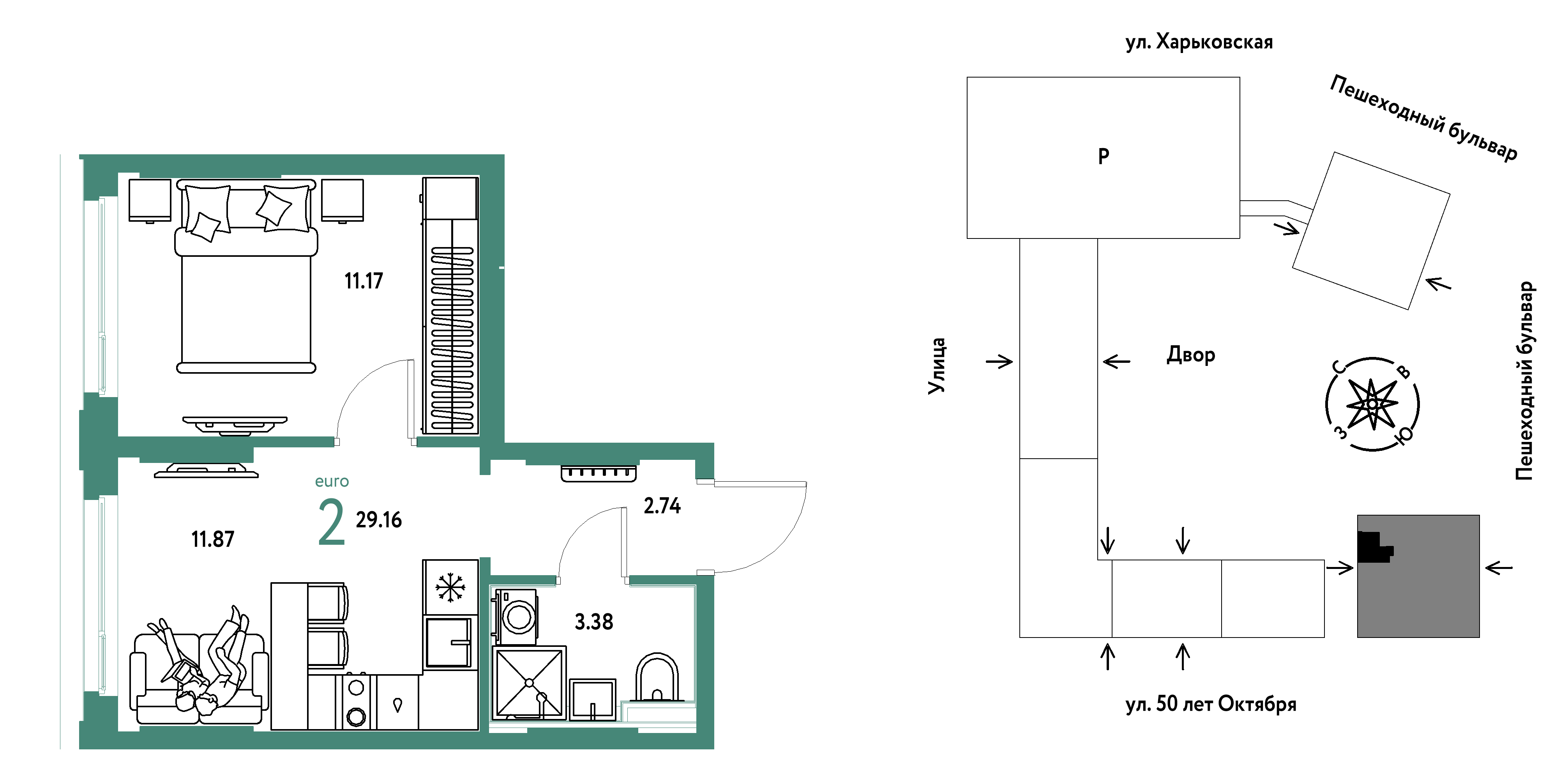 2-комнатная 29 м2 в ЖК Сердце Сибири корпус null этаж 5