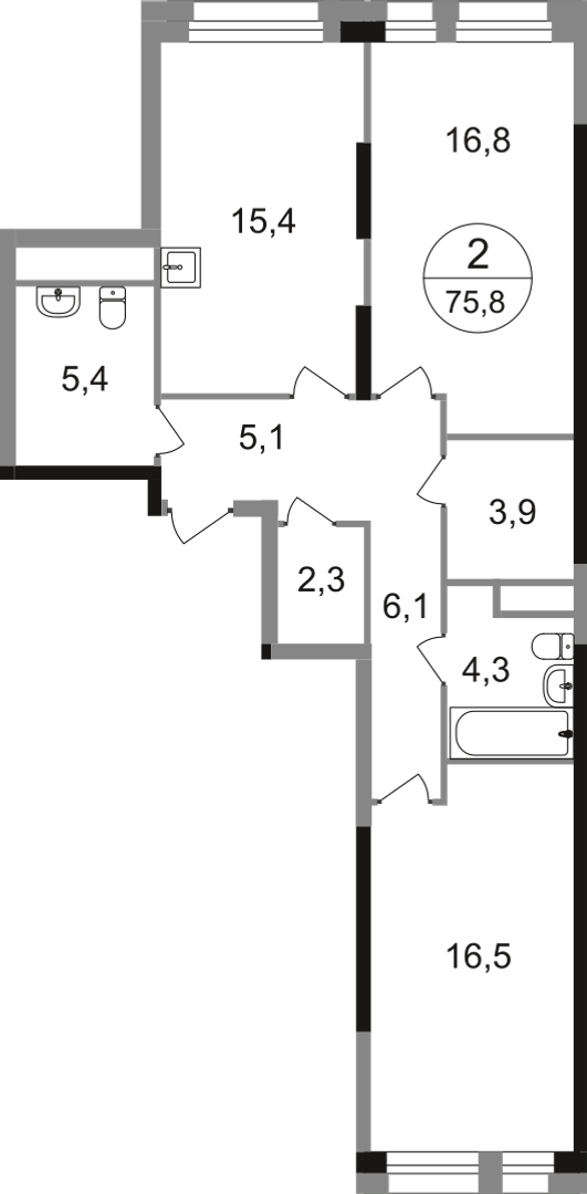 2-комнатная 75 м2 в ЖК Первый Московский корпус null этаж 9
