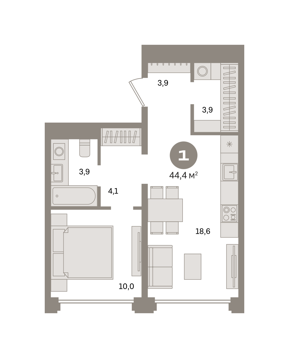 1-комнатная 44 м2 в ЖК Дом А корпус null этаж 12
