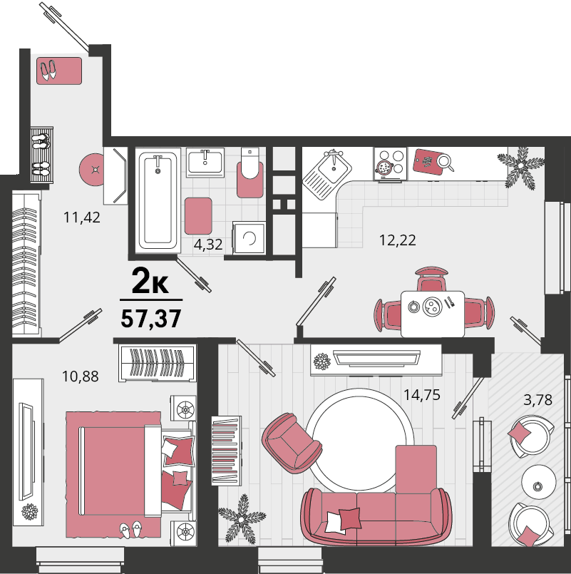 2-комнатная 57 м2 в ЖК Родные просторы корпус null этаж 14