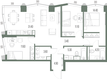 3-комнатная 89 м2 в ЖК Северный порт. Береговые кварталы корпус null этаж 37