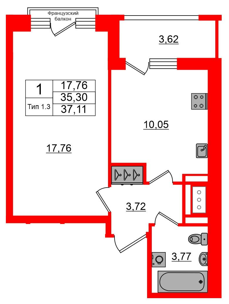1-комнатная 35 м2 в ЖК Setl Ривьера корпус null этаж 3