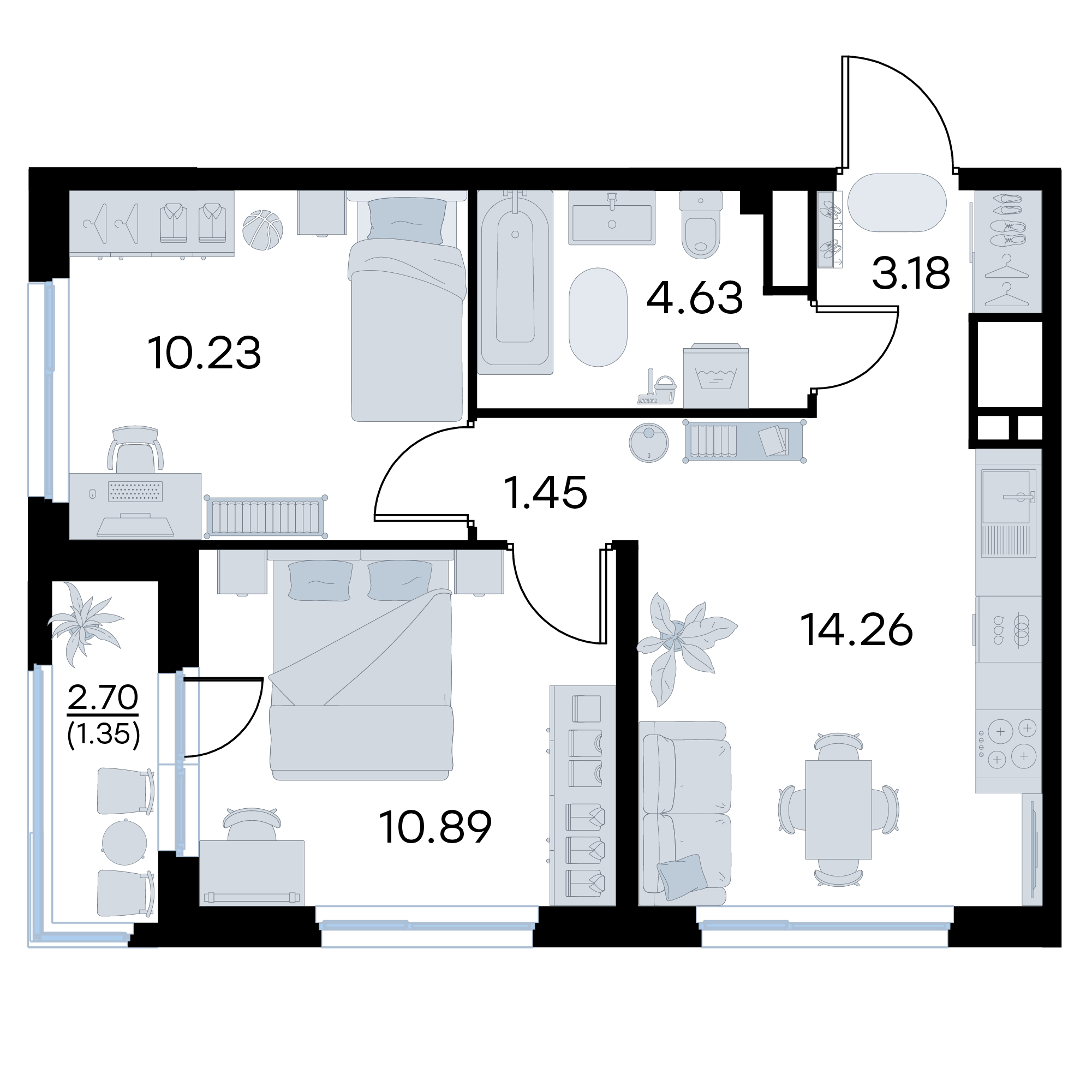 2-комнатная 45 м2 в ЖК GloraX Октябрьский корпус null этаж 5