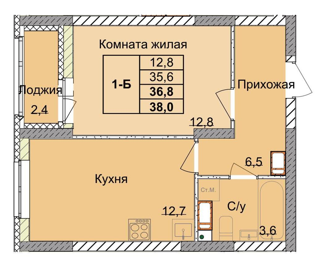 1-комнатная 35 м2 в ЖК Тетра корпус null этаж 13