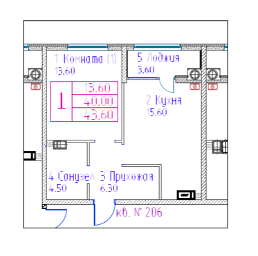 1-комнатная 43.6 м2 в ЖК undefined корпус null этаж 7