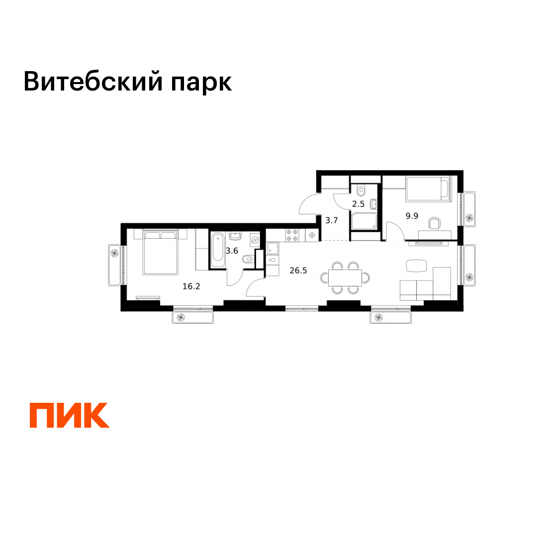 2-комнатная 62 м2 в ЖК Витебский парк корпус null этаж 12