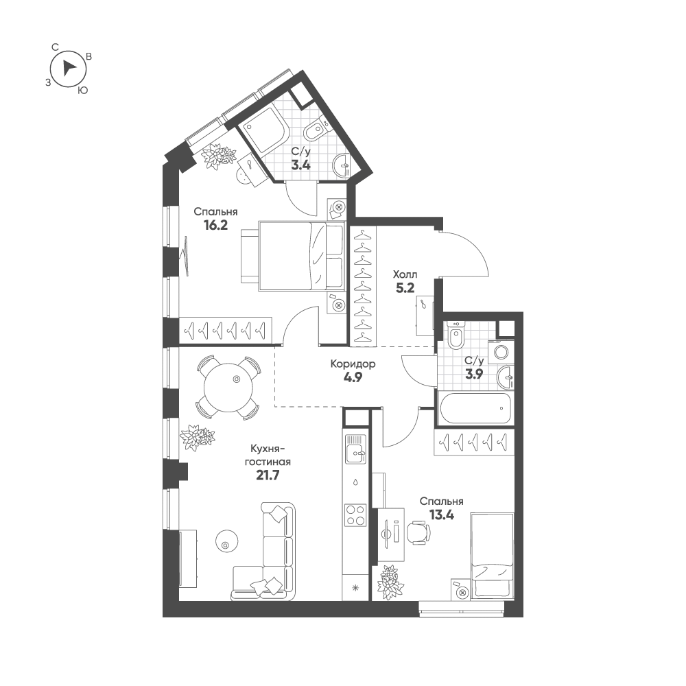 2-комнатная 68 м2 в ЖК Sokolinn Park корпус null этаж 15