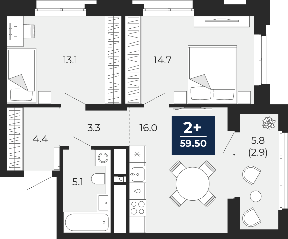 2-комнатная 56 м2 в ЖК Мириады корпус null этаж 12
