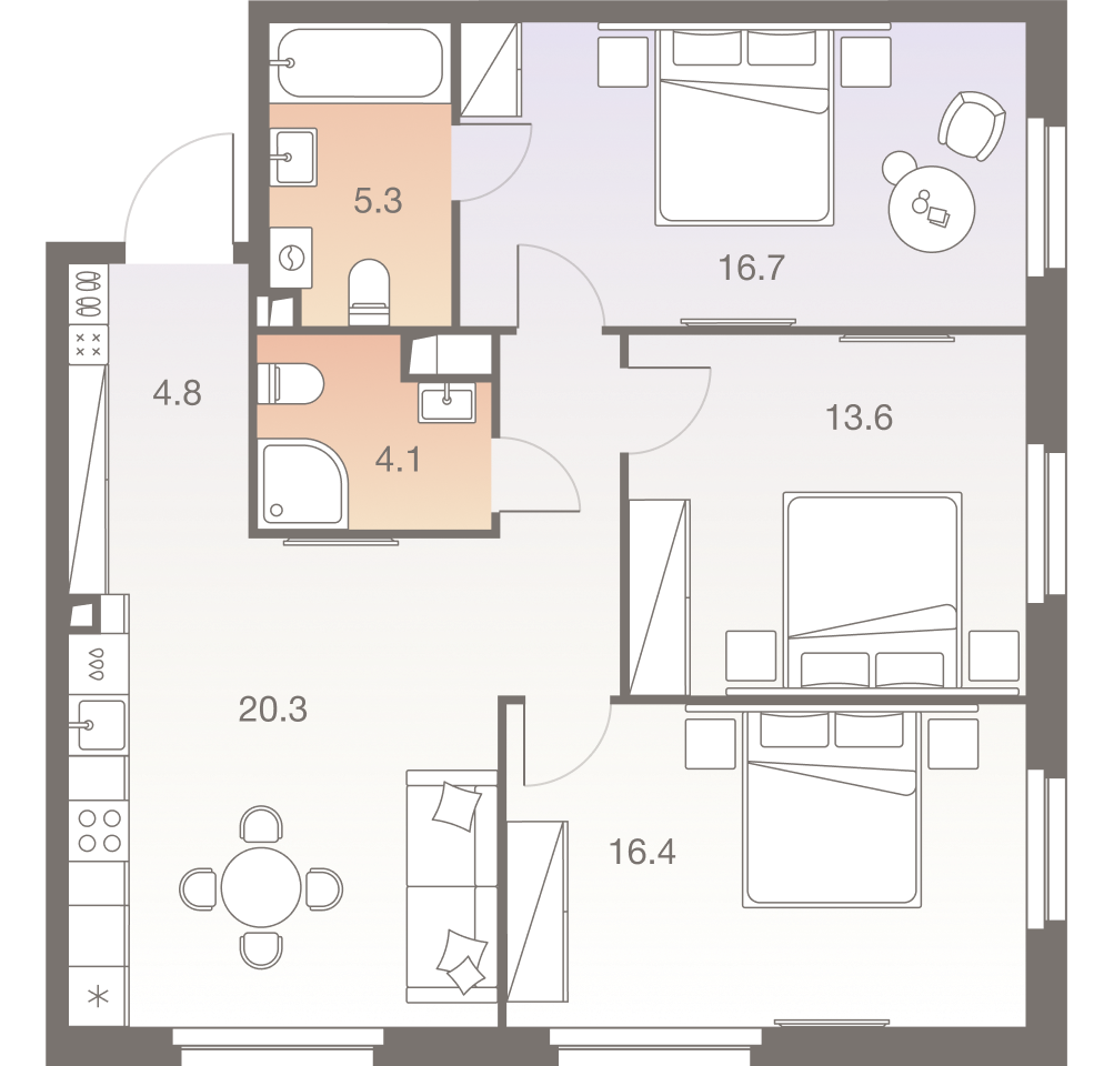 4-комнатная 85 м2 в ЖК Твелв корпус null этаж 22